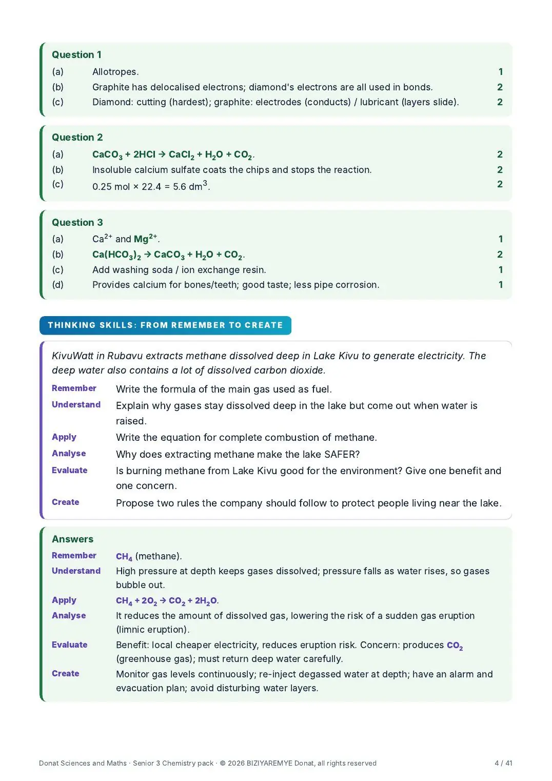 Page 4 of the Senior 3 chemistry pack: A thinking-skills question across the six Bloom levels