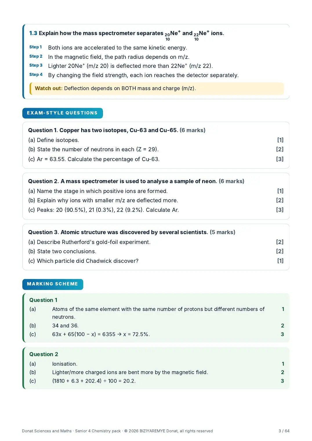Page 3 of the Senior 4 chemistry pack: Exam-style questions with marks