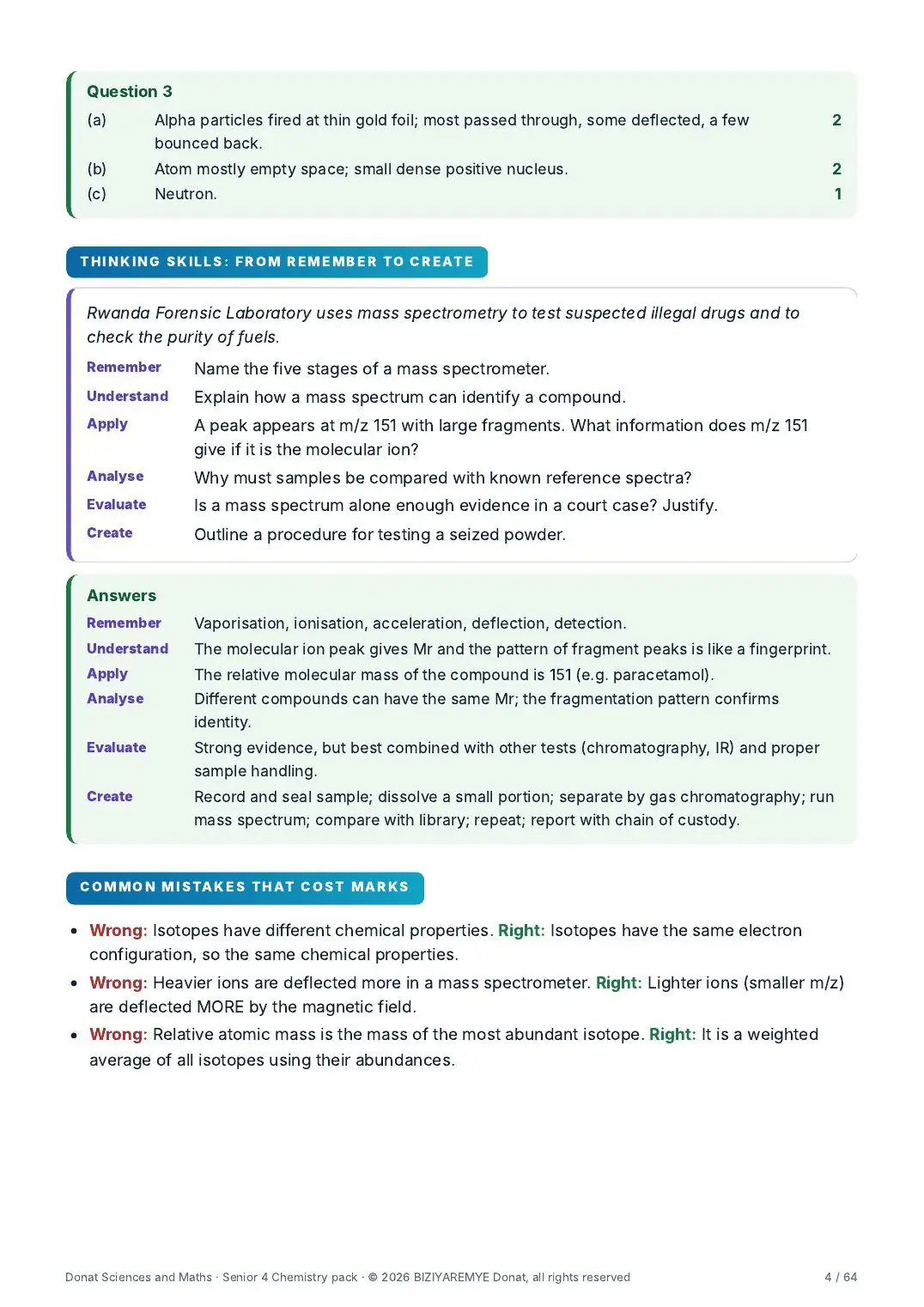Page 4 of the Senior 4 chemistry pack: A thinking-skills question across the six Bloom levels