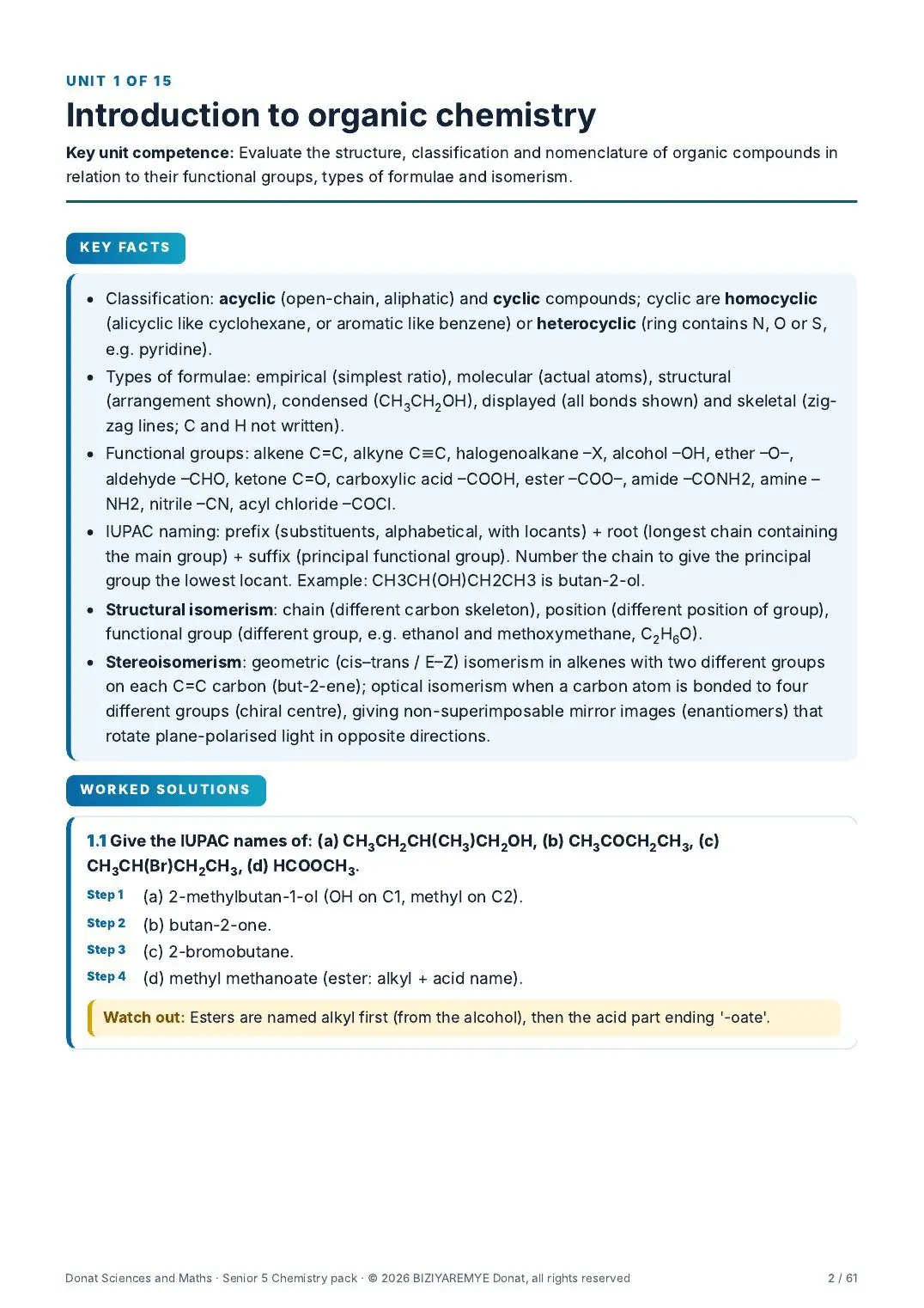 Page 2 of the Senior 5 chemistry pack: Worked solutions with “Watch out” notes