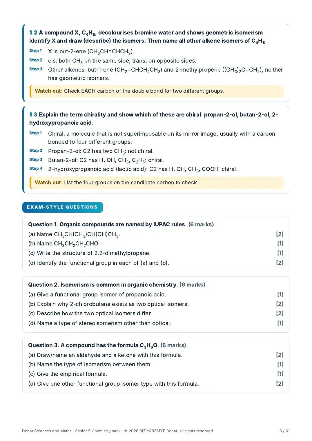 Page 3 of the Senior 5 chemistry pack: Exam-style questions with marks