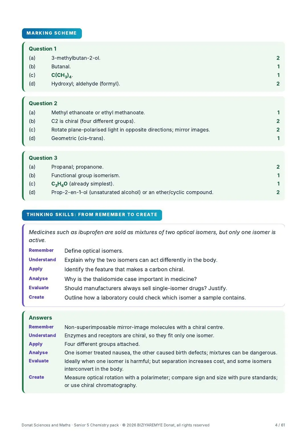 Page 4 of the Senior 5 chemistry pack: A thinking-skills question across the six Bloom levels