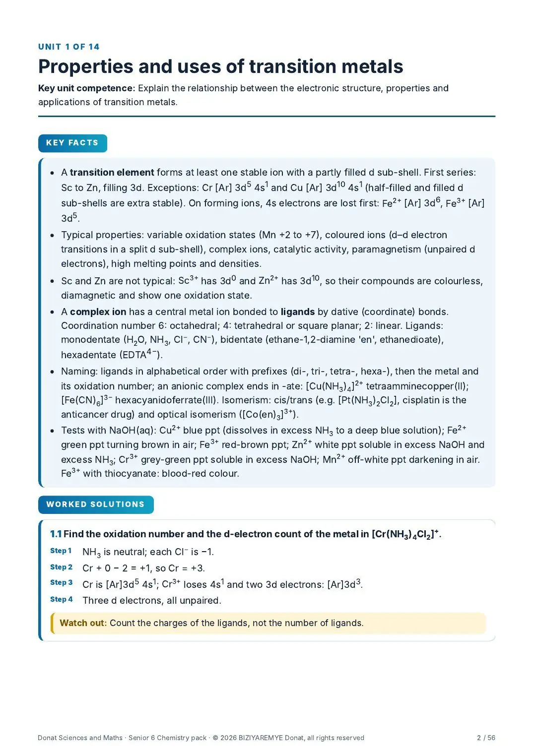 Page 2 of the Senior 6 chemistry pack: Worked solutions with “Watch out” notes