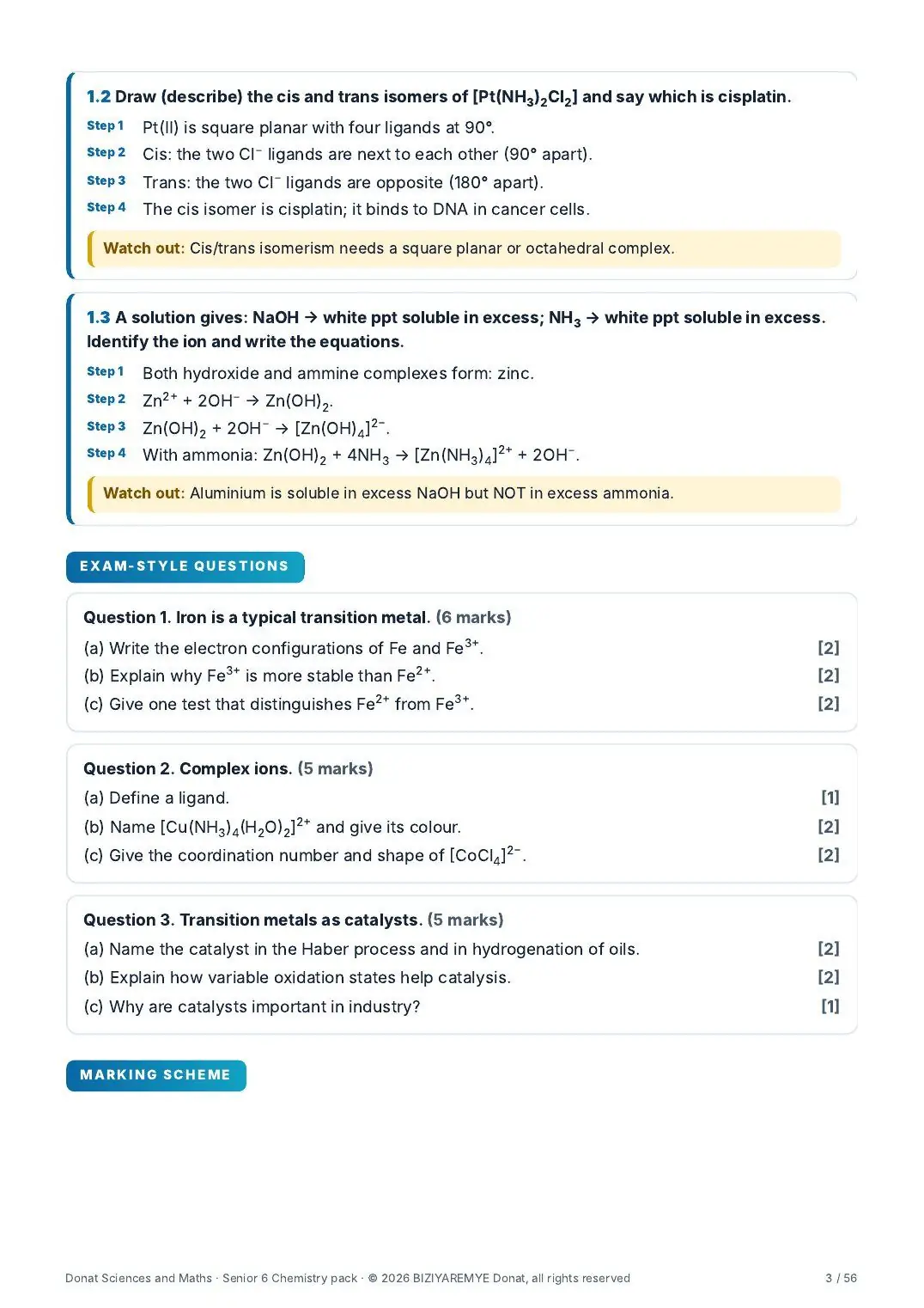 Page 3 of the Senior 6 chemistry pack: Exam-style questions with marks