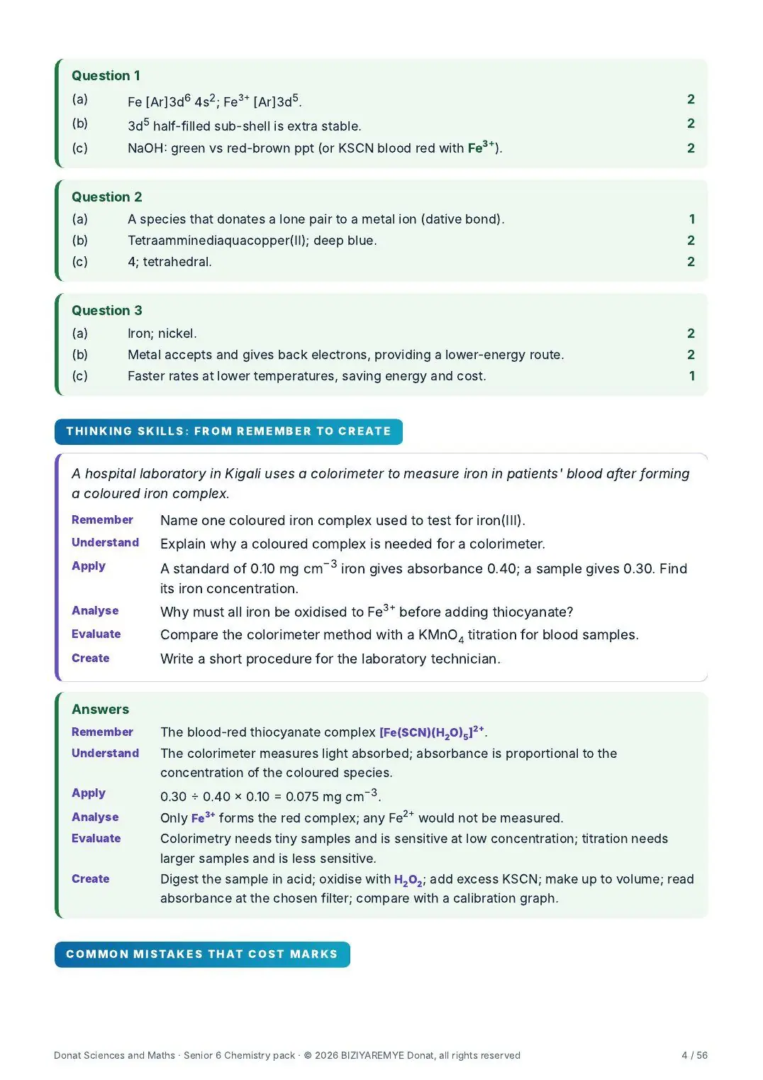 Page 4 of the Senior 6 chemistry pack: A thinking-skills question across the six Bloom levels