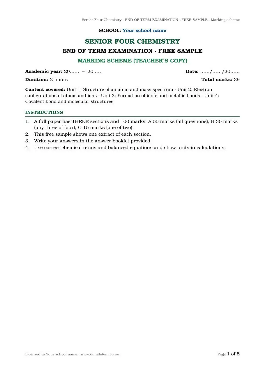 End-of-term exam sample, cover page in the national exam layout