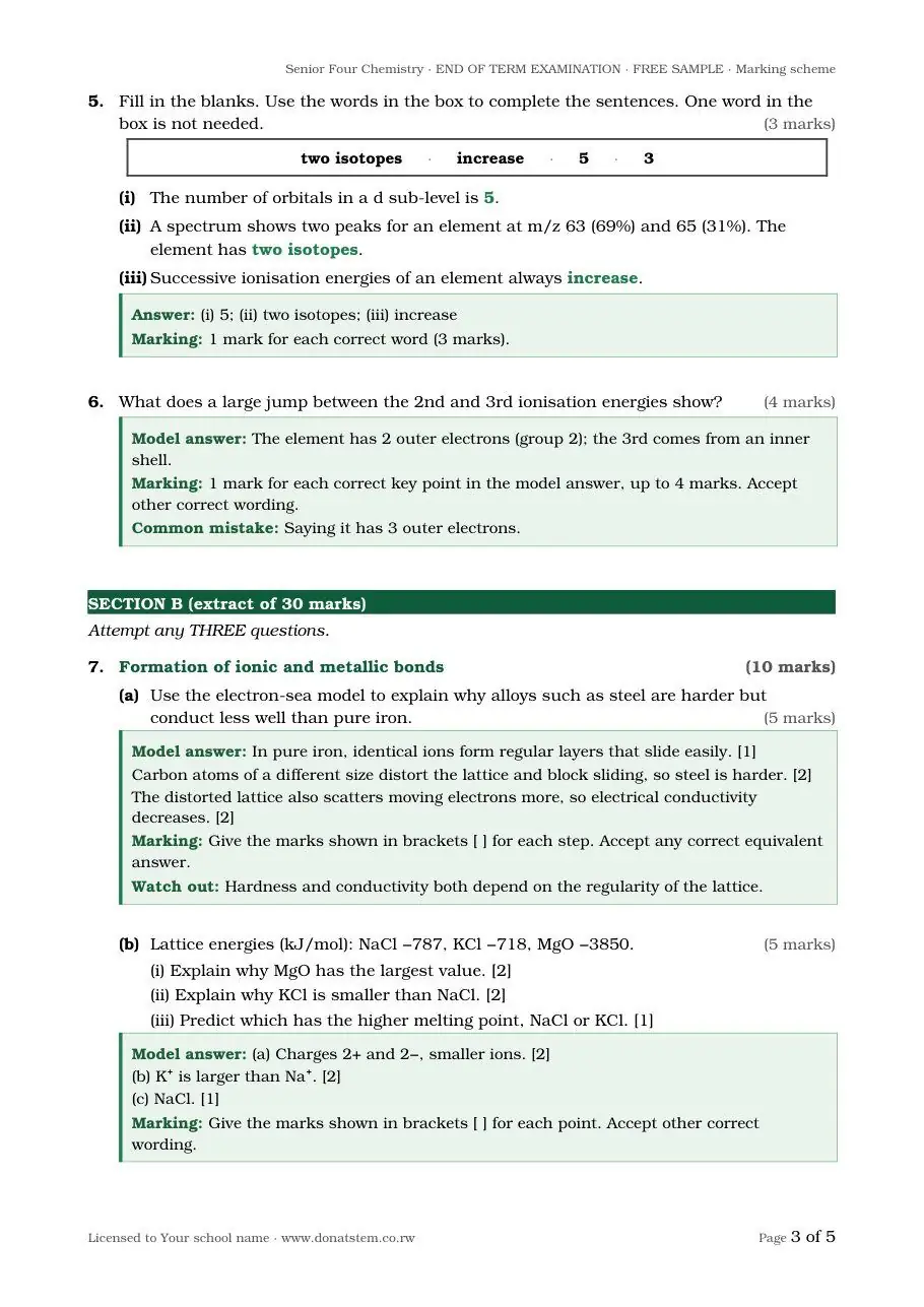 End-of-term exam sample, structured questions with marking for each step