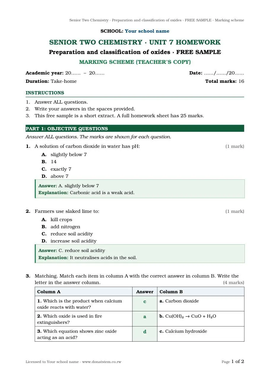 Homework sample, page 1: quick questions with answers