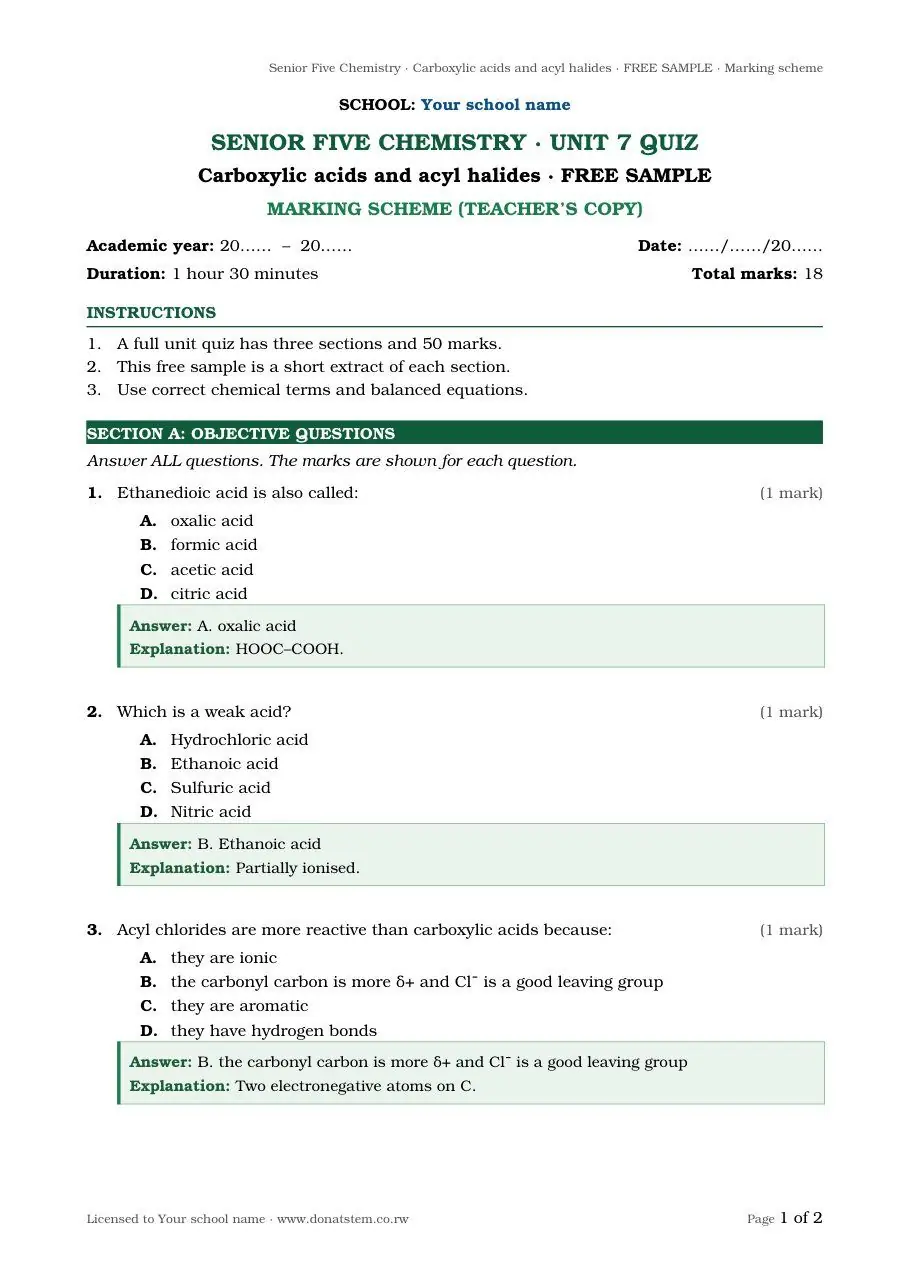 Unit quiz sample, page 1: Section A with answers and explanations