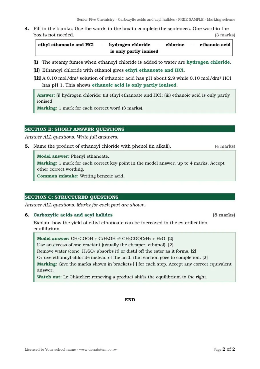 Unit quiz sample, page 2: short answers with model answers and marks