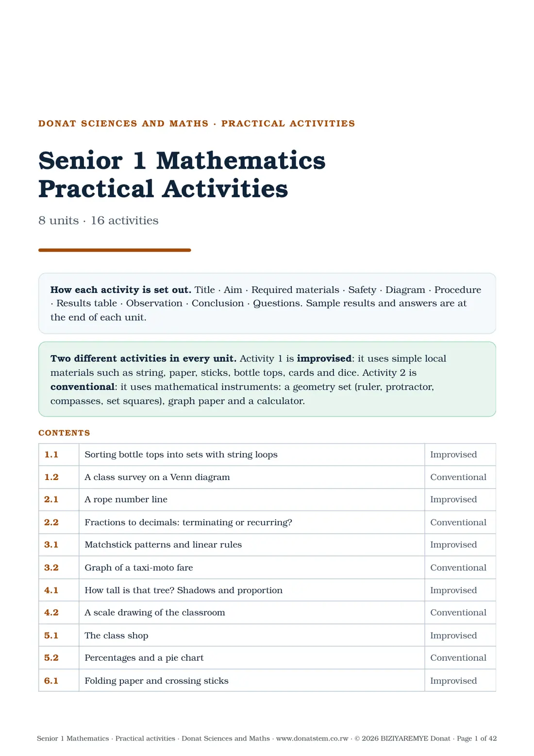 Cover of the Senior 1 practical activities