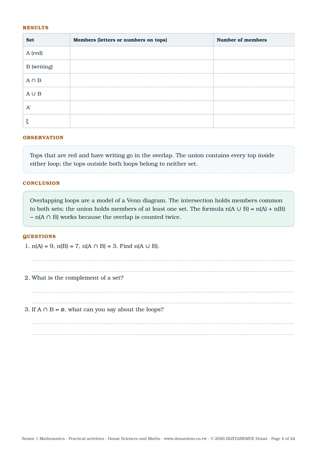 Page 4 of the Senior 1 mathematics practical activities: Activity 1.1: results table, observation, conclusion and questions
