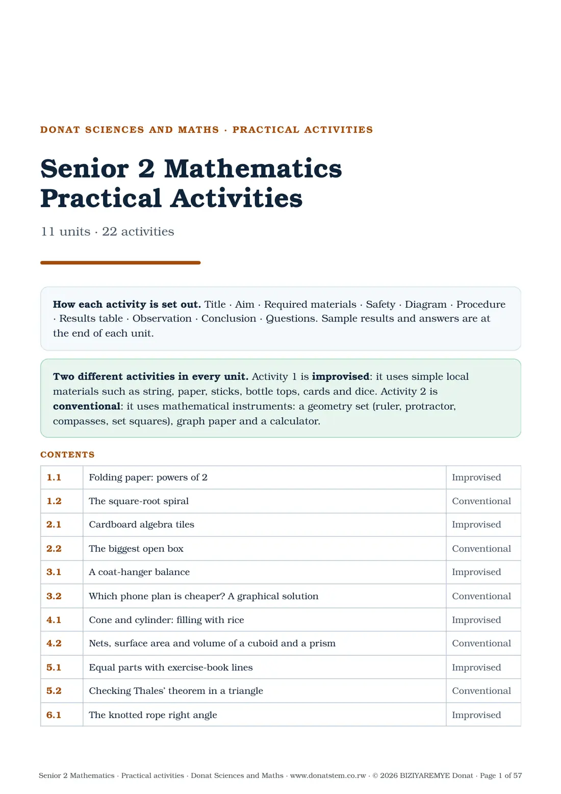 Page 1 of the Senior 2 mathematics practical activities: Cover, how each activity is set out, and contents