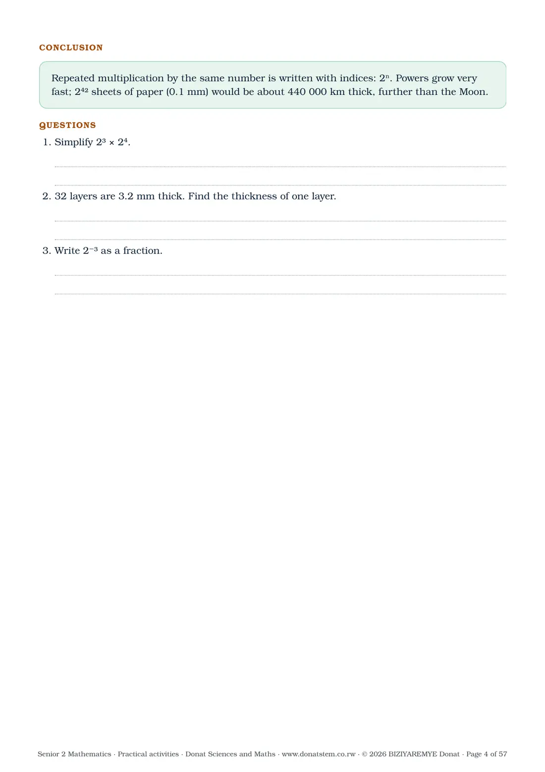 Page 4 of the Senior 2 mathematics practical activities: Activity 1.1: results table, observation, conclusion and questions