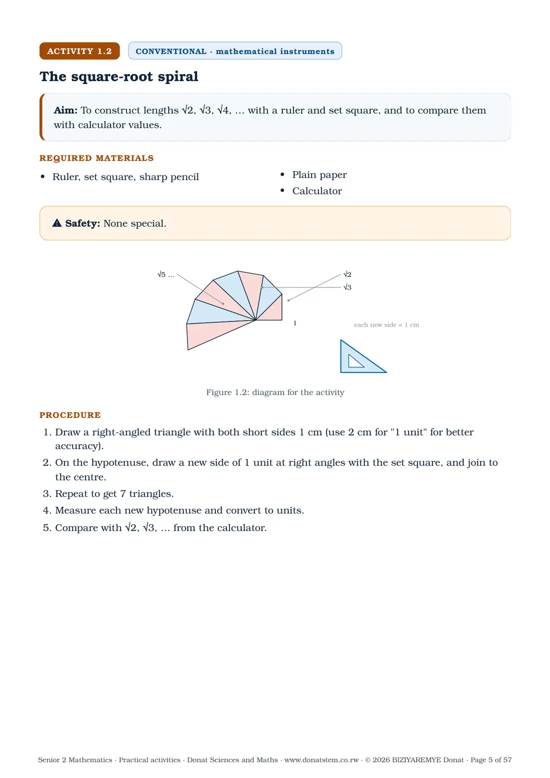 Page 5 of the Senior 2 mathematics practical activities: Activity 1.2 (conventional) begins