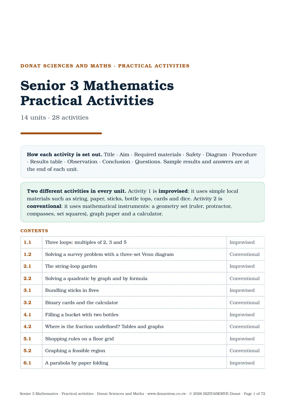 Page 1 of the Senior 3 mathematics practical activities: Cover, how each activity is set out, and contents