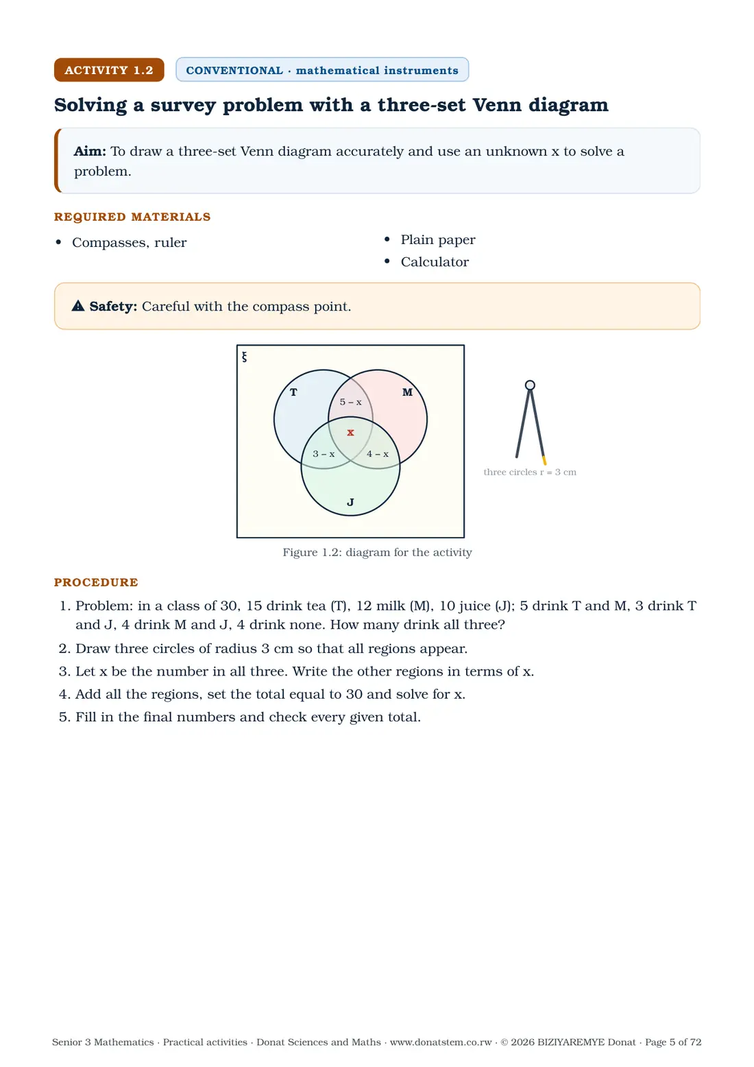 Page 5 of the Senior 3 mathematics practical activities: Activity 1.2 (conventional) begins