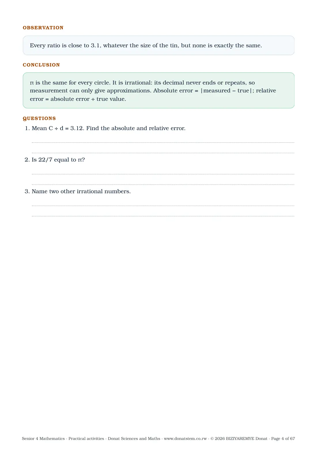 Page 4 of the Senior 4 mathematics practical activities: Activity 1.1: results table, observation, conclusion and questions