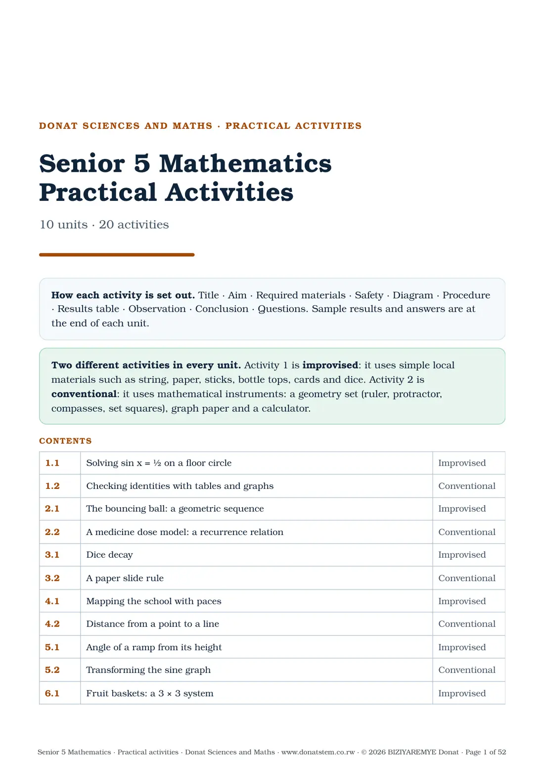 Page 1 of the Senior 5 mathematics practical activities: Cover, how each activity is set out, and contents