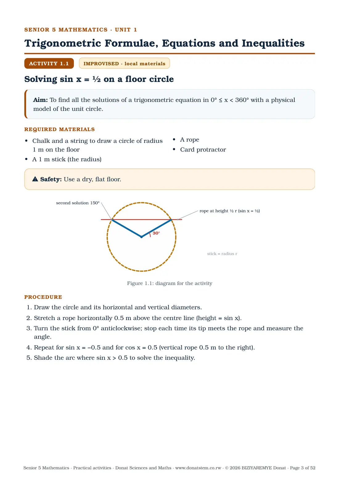 Page 3 of the Senior 5 mathematics practical activities: Activity 1.1 (improvised): aim, materials, diagram and procedure