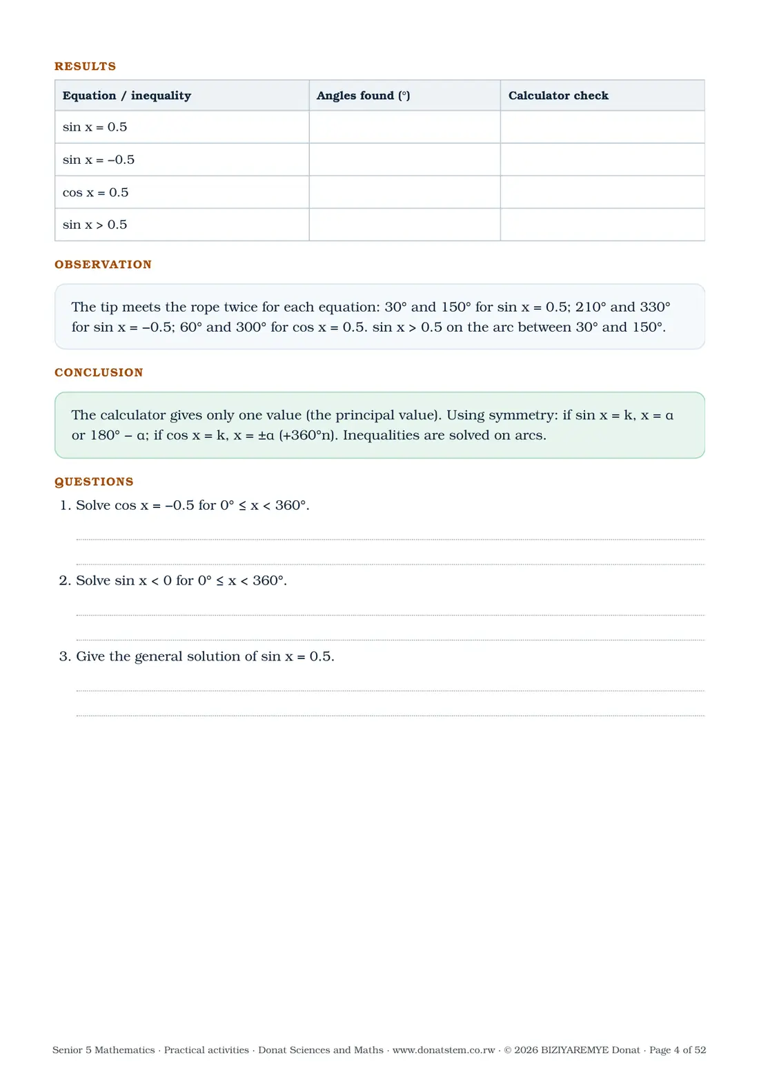 Page 4 of the Senior 5 mathematics practical activities: Activity 1.1: results table, observation, conclusion and questions