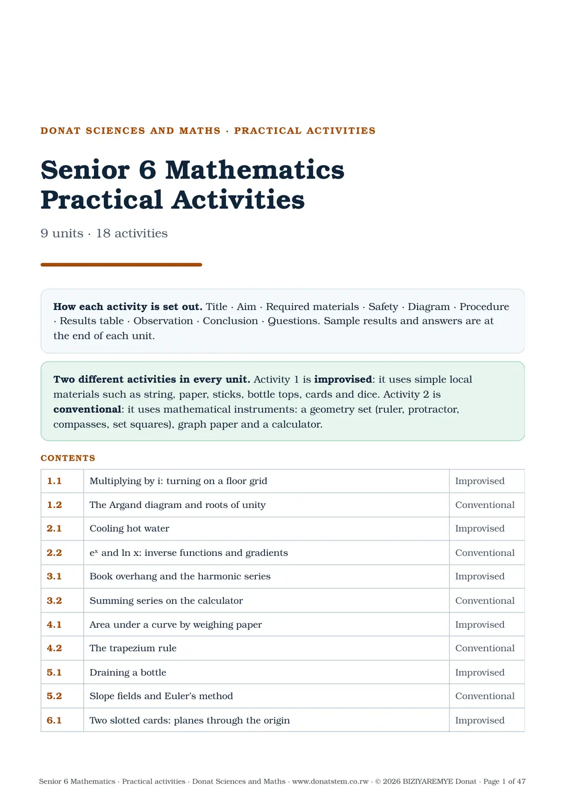 Page 1 of the Senior 6 mathematics practical activities: Cover, how each activity is set out, and contents