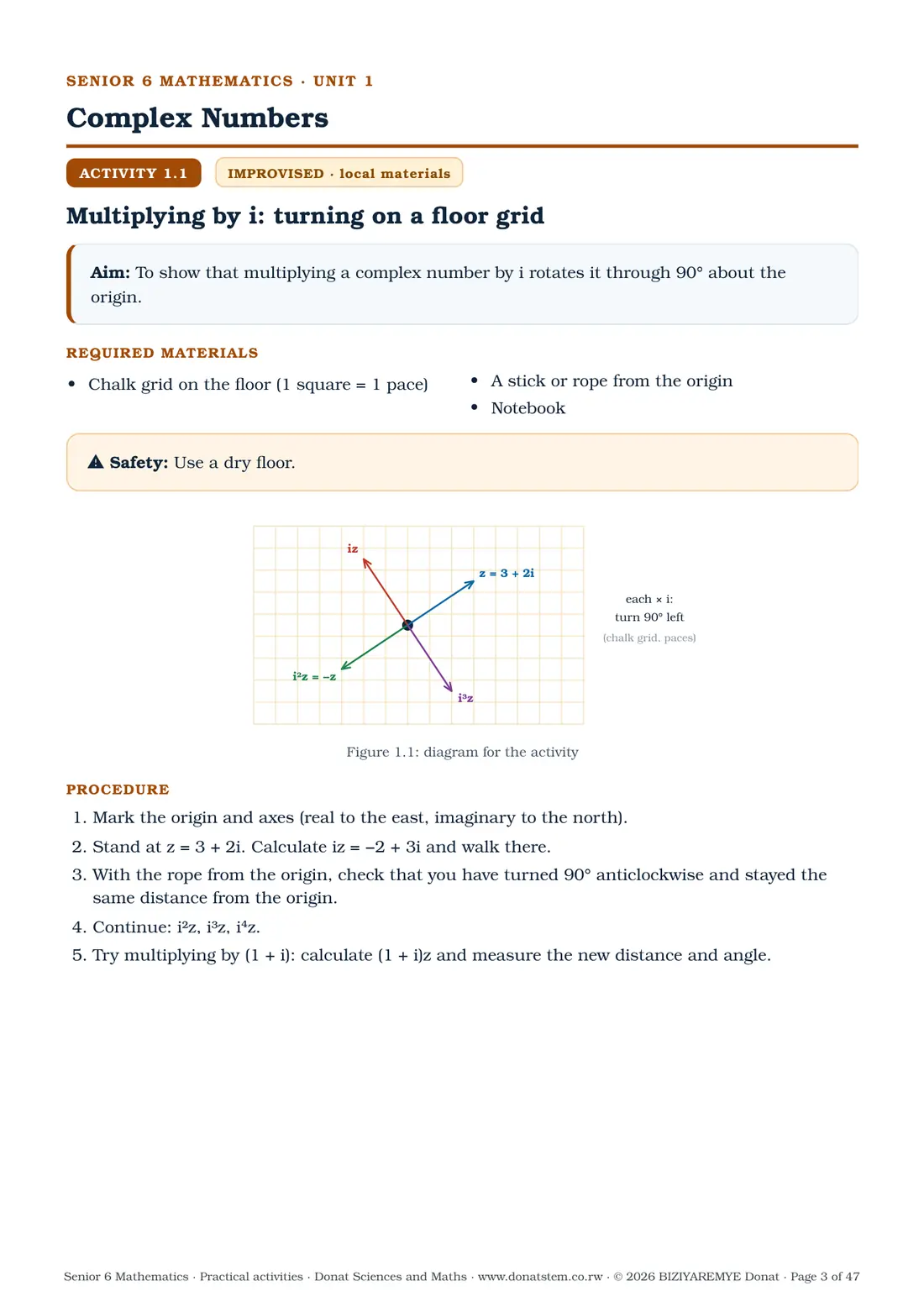 Page 3 of the Senior 6 mathematics practical activities: Activity 1.1 (improvised): aim, materials, diagram and procedure