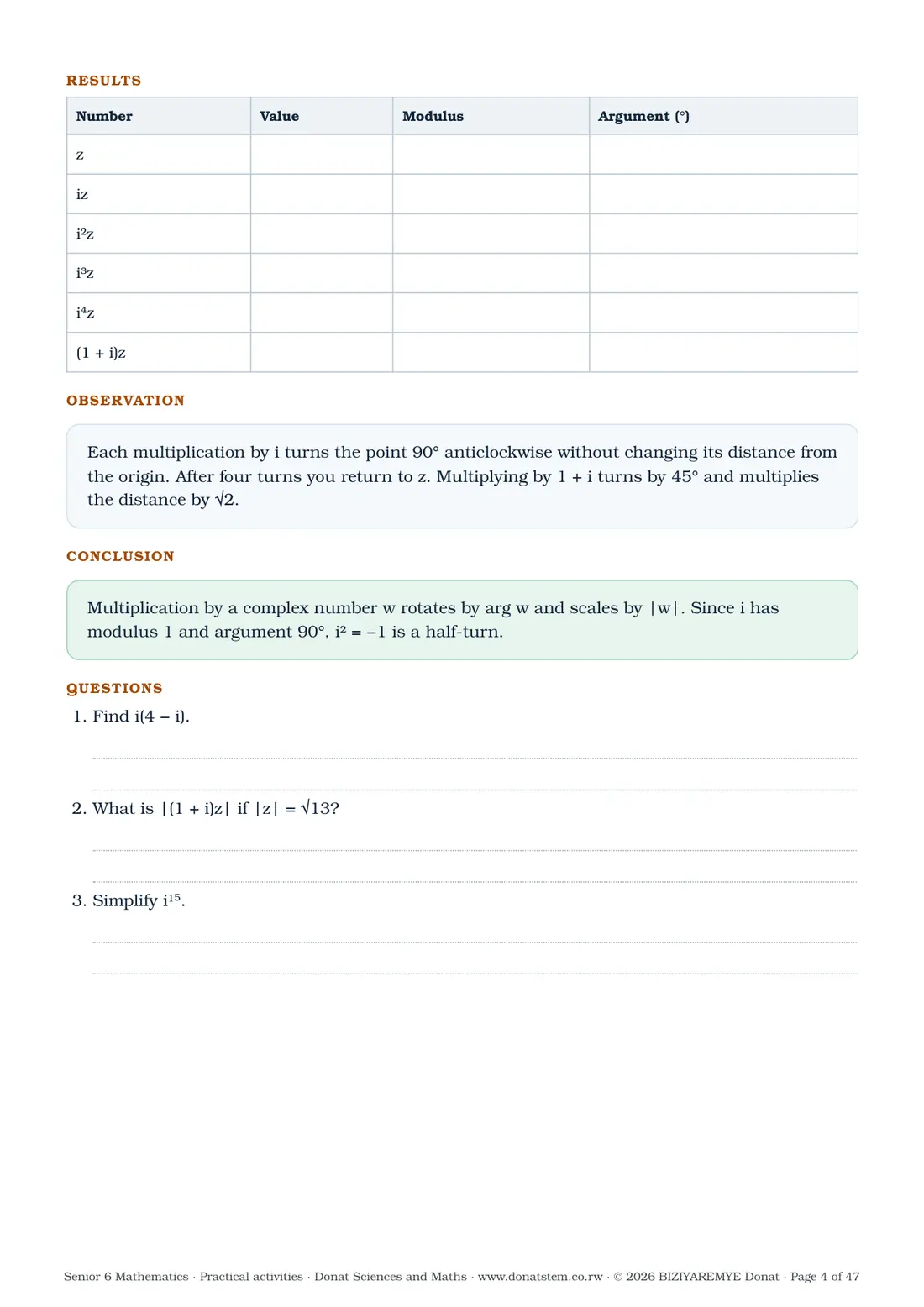 Page 4 of the Senior 6 mathematics practical activities: Activity 1.1: results table, observation, conclusion and questions