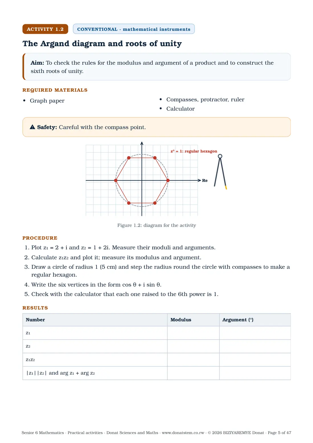 Page 5 of the Senior 6 mathematics practical activities: Activity 1.2 (conventional) begins