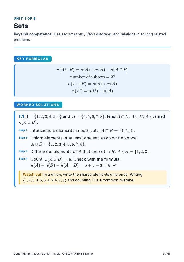 Page 3 of the Senior 1 mathematics pack: Worked solutions with “Watch out” notes