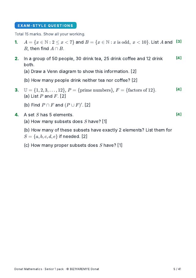 Page 5 of the Senior 1 mathematics pack: Exam-style questions with marks