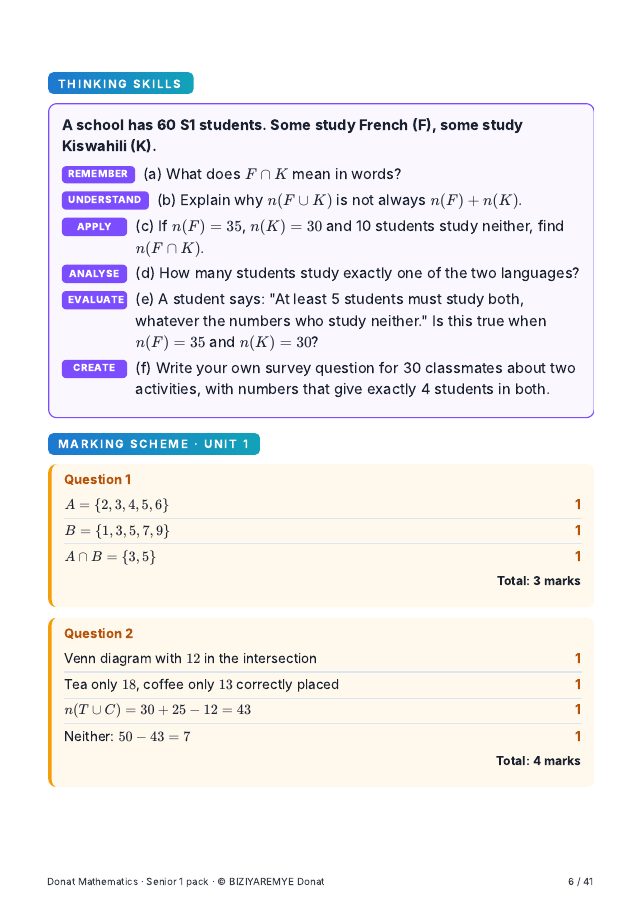 Page 6 of the Senior 1 mathematics pack: A thinking-skills question across the six Bloom levels