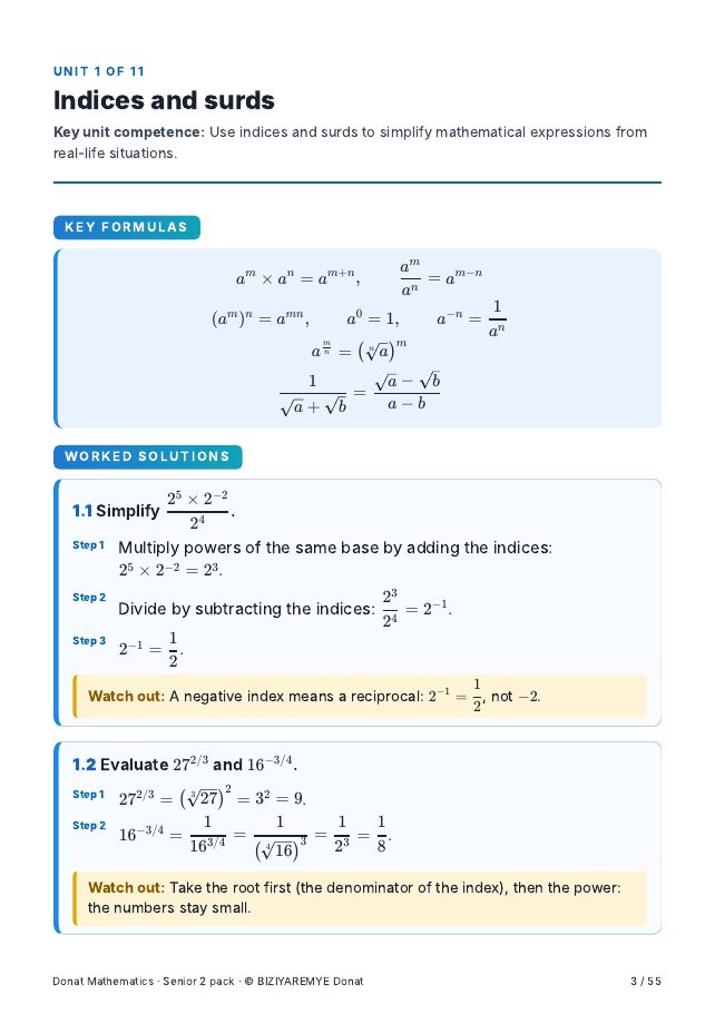 Page 3 of the Senior 2 mathematics pack: Worked solutions with “Watch out” notes