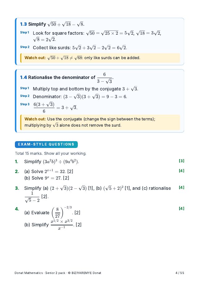 Page 4 of the Senior 2 mathematics pack: Exam-style questions with marks