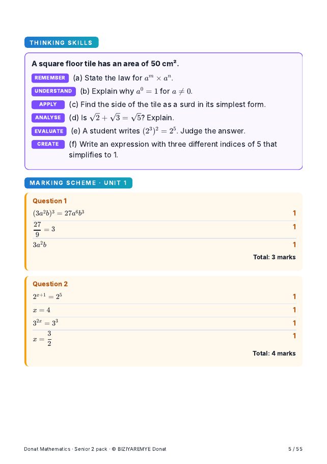 Page 5 of the Senior 2 mathematics pack: A thinking-skills question across the six Bloom levels