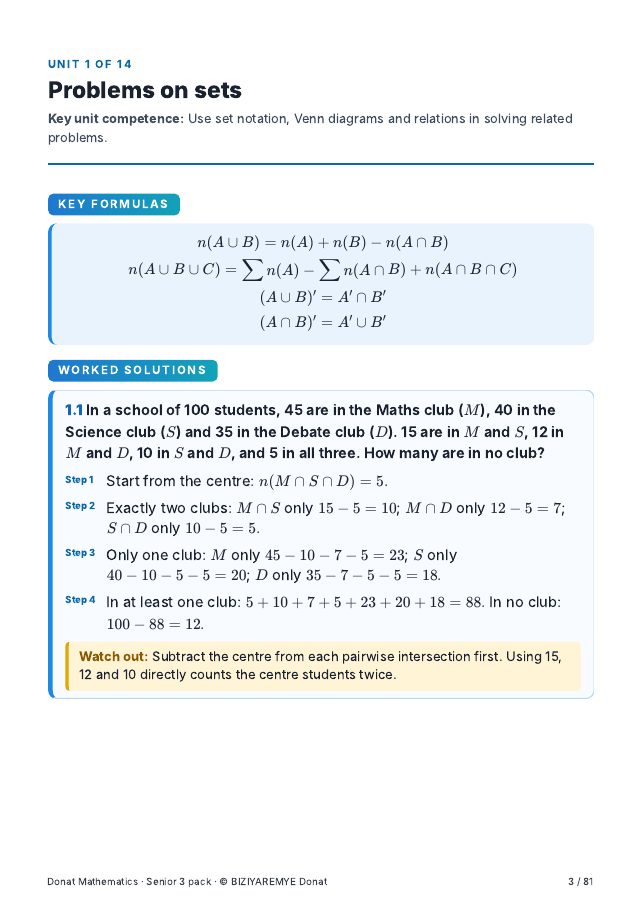 Page 3 of the Senior 3 mathematics pack: Worked solutions with “Watch out” notes