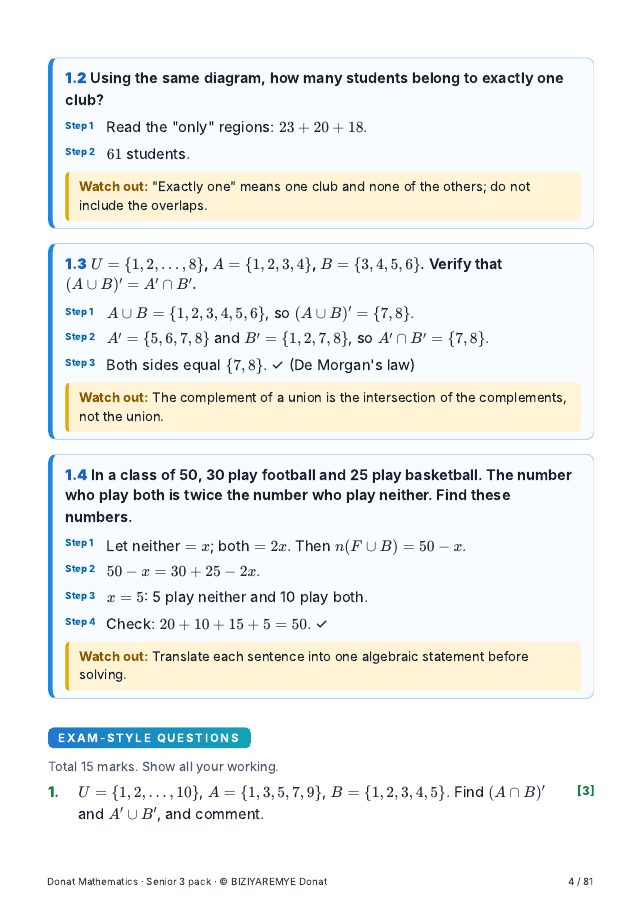 Page 4 of the Senior 3 mathematics pack: Exam-style questions with marks