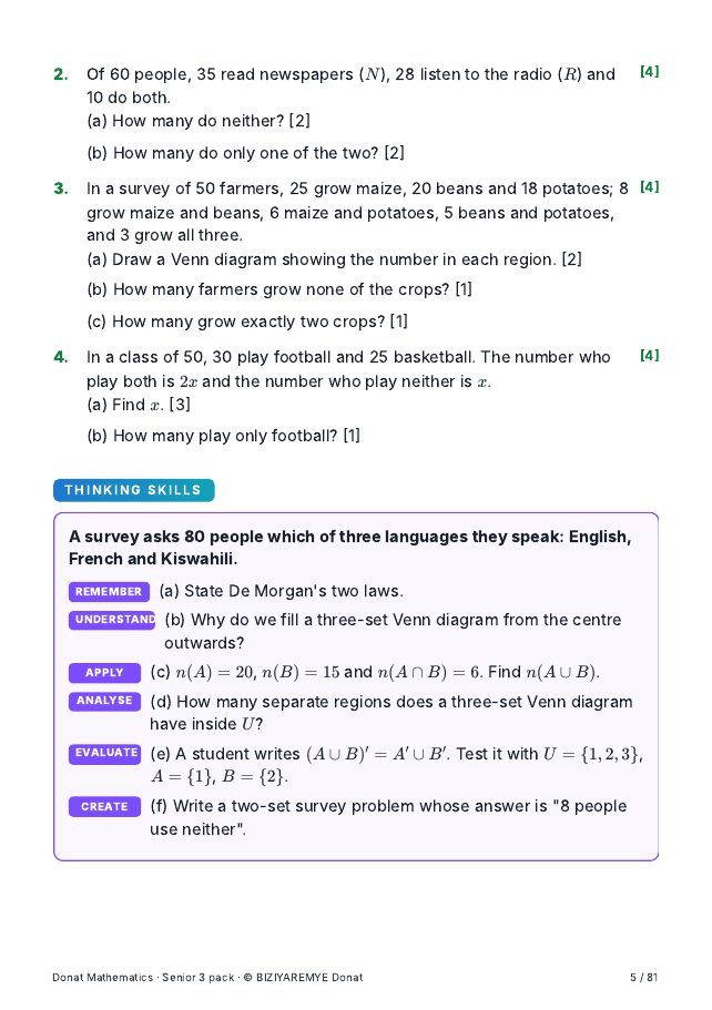 Page 5 of the Senior 3 mathematics pack: A thinking-skills question across the six Bloom levels