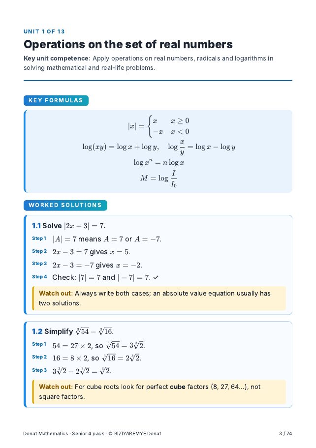 Page 3 of the Senior 4 mathematics pack: Worked solutions with “Watch out” notes
