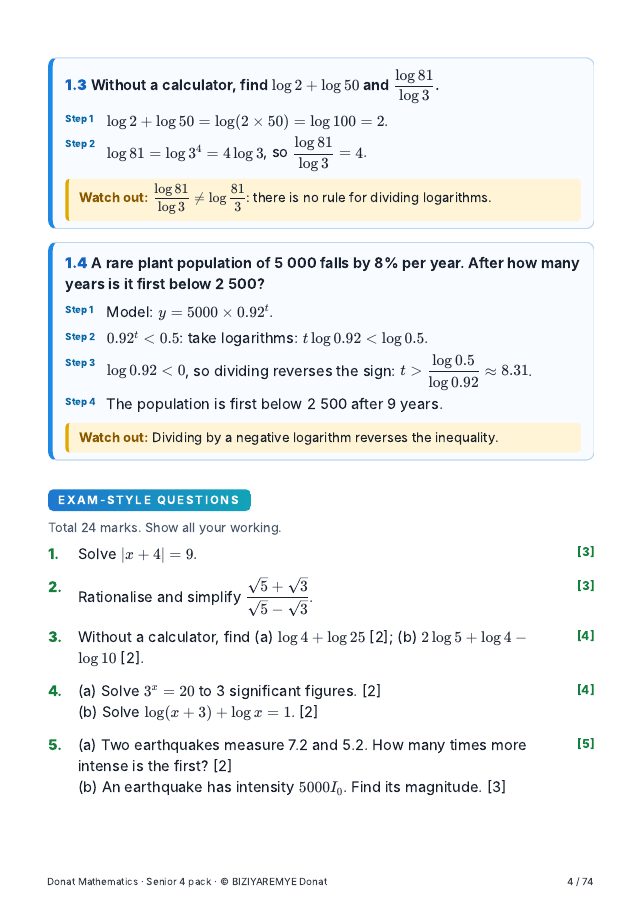 Page 4 of the Senior 4 mathematics pack: Exam-style questions with marks