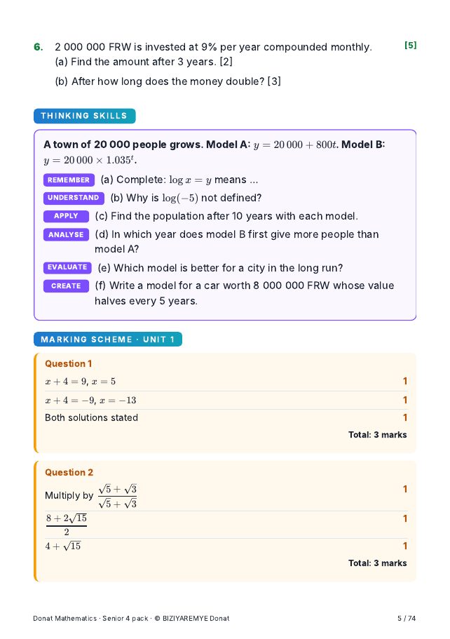 Page 5 of the Senior 4 mathematics pack: A thinking-skills question across the six Bloom levels