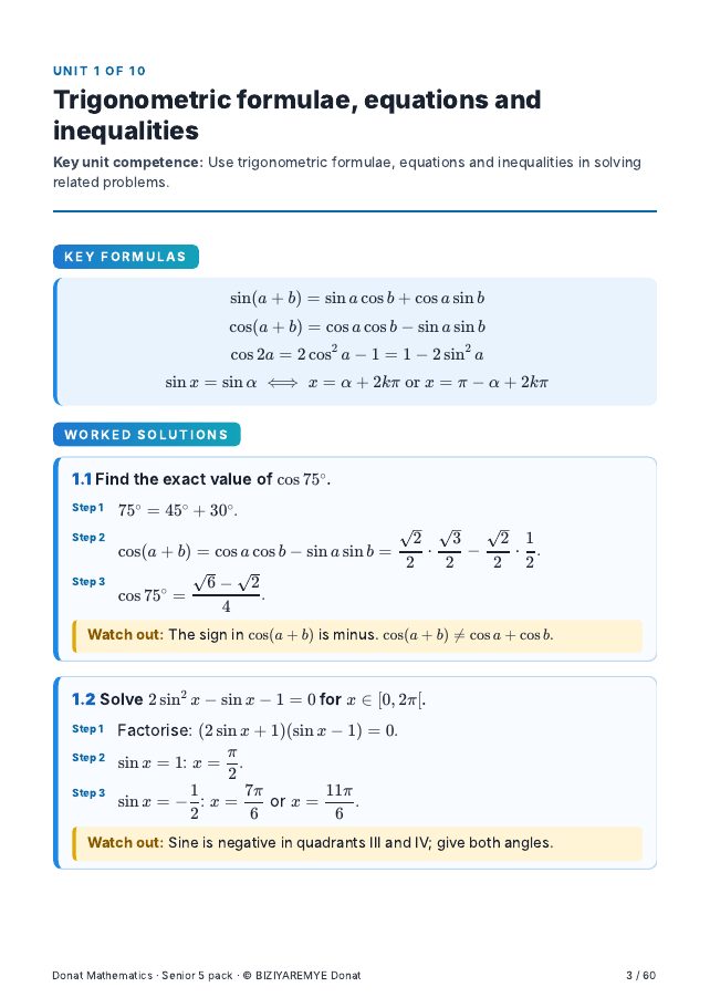 Page 3 of the Senior 5 mathematics pack: Worked solutions with “Watch out” notes