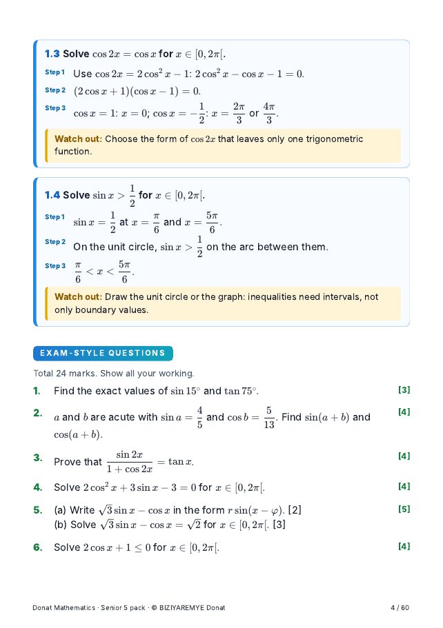 Page 4 of the Senior 5 mathematics pack: Exam-style questions with marks
