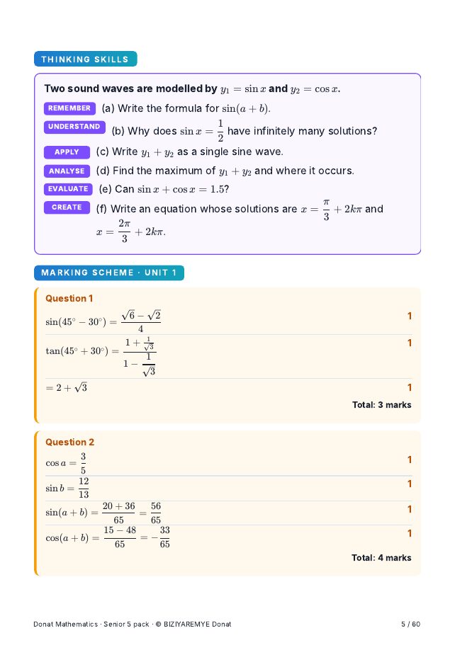 Page 5 of the Senior 5 mathematics pack: A thinking-skills question across the six Bloom levels