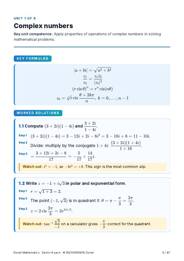 Page 3 of the Senior 6 mathematics pack: Worked solutions with “Watch out” notes