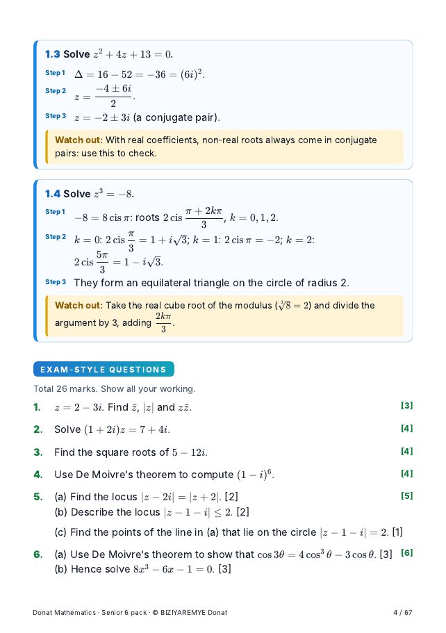 Page 4 of the Senior 6 mathematics pack: Exam-style questions with marks