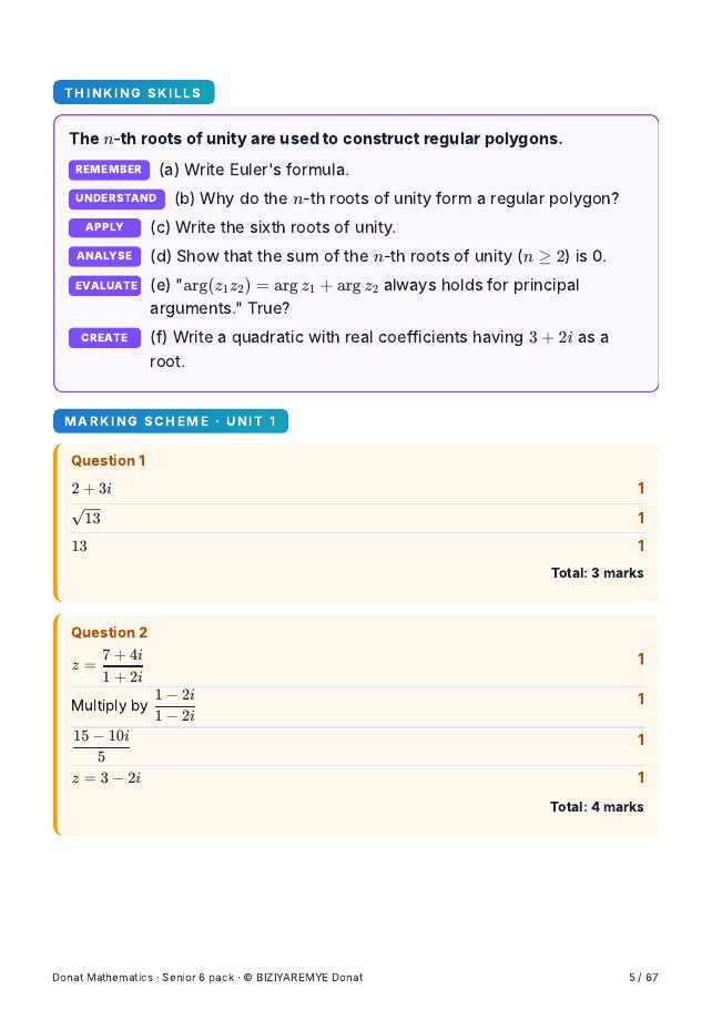 Page 5 of the Senior 6 mathematics pack: A thinking-skills question across the six Bloom levels