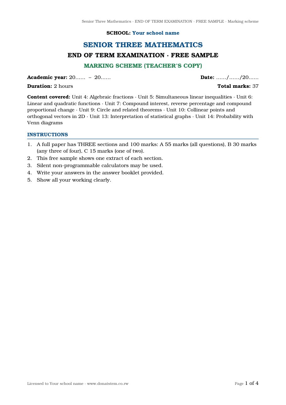 End-of-term exam sample, cover page in the national exam layout