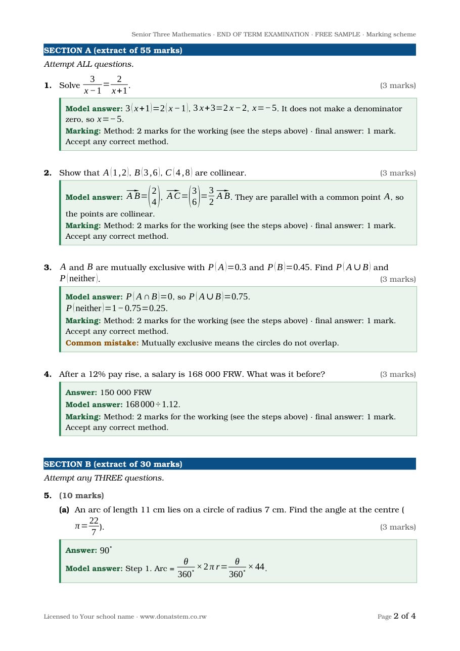 End-of-term exam sample, structured questions with marking for each step