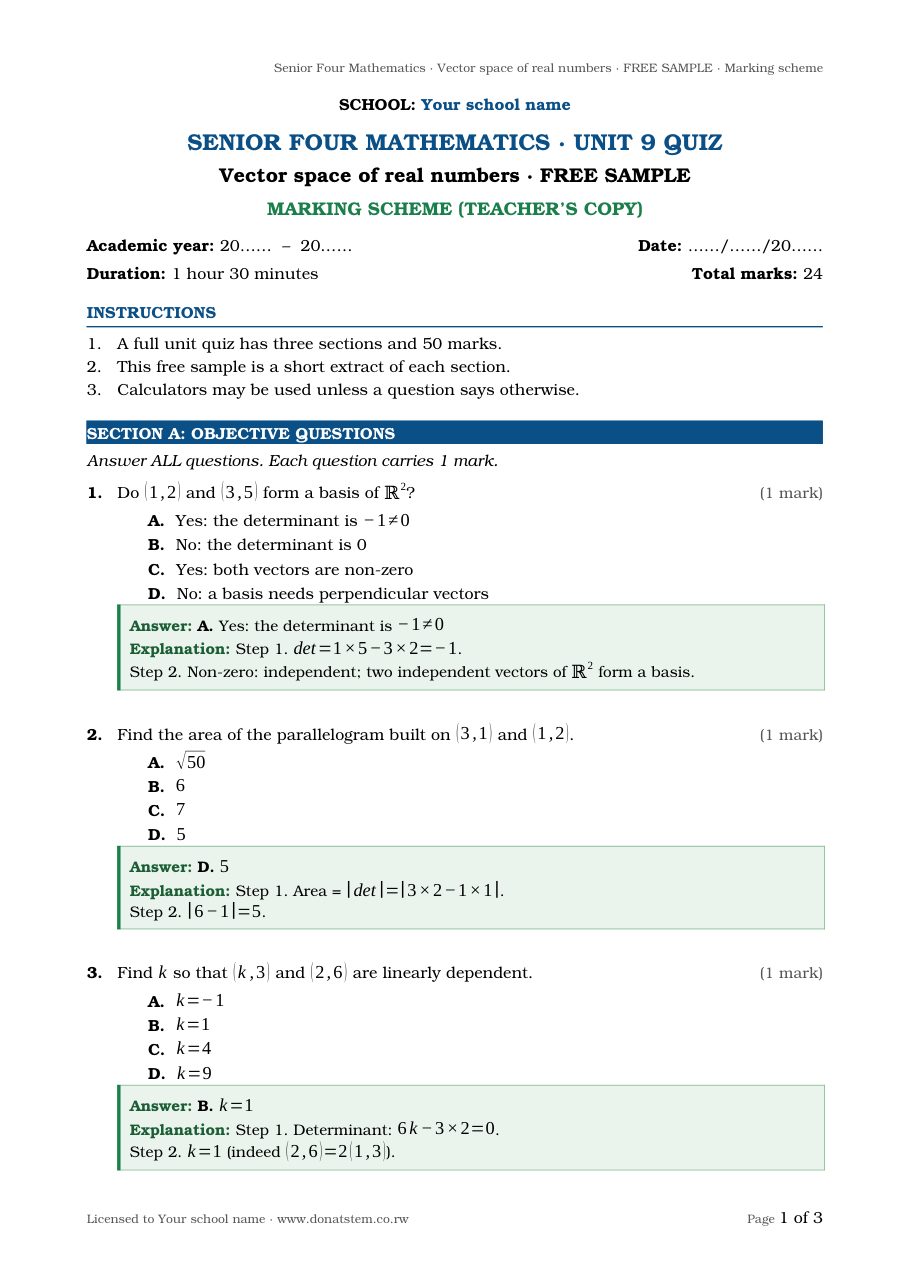 Unit quiz sample, page 1: Section A with answers and explanations